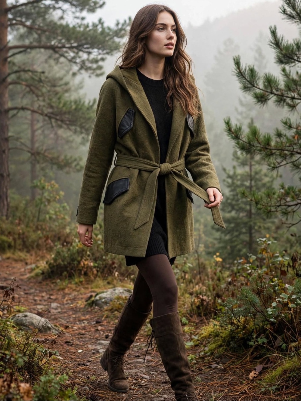Alice + Olivia Olive Green Hooded Belted Coat with Black Trim XS
